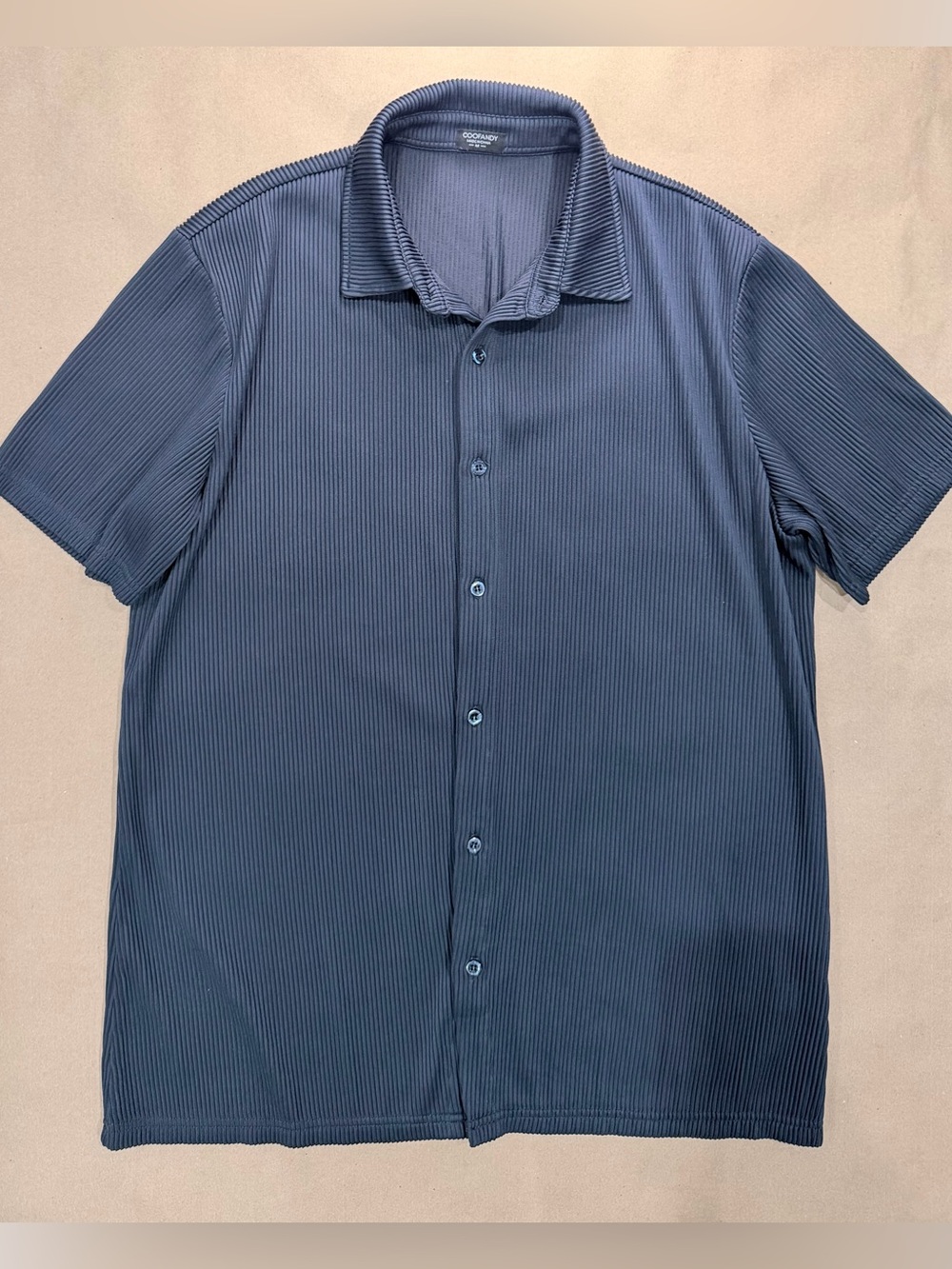 Coofandy Ribbed Knit Button‑Up Shirt – Men’s M Navy Short Sleeve